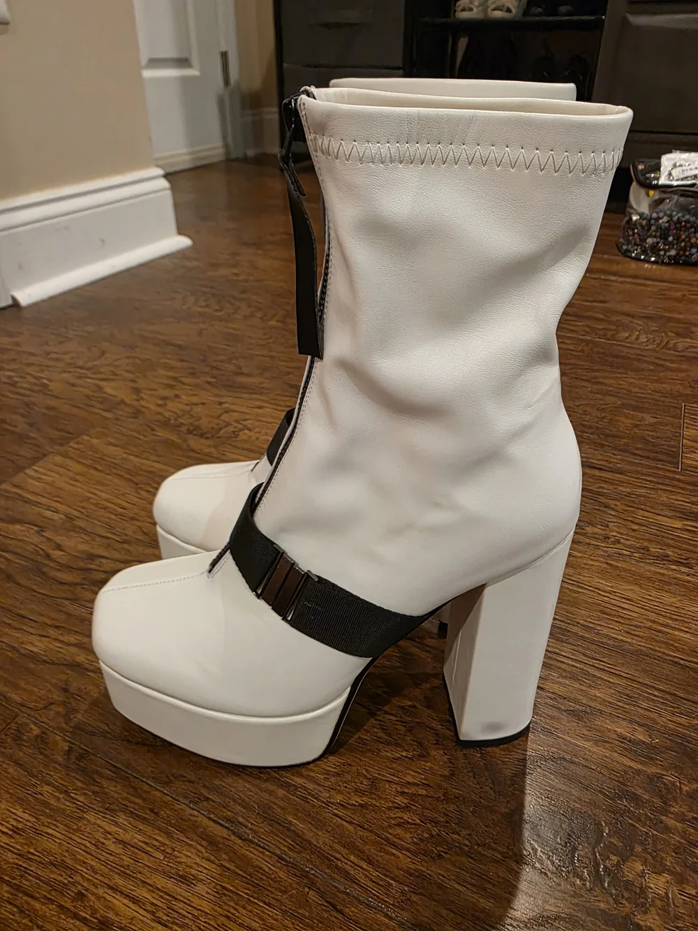 White Platform Ankle Boots with Black Front Zip and Strap